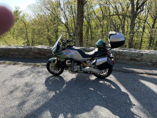 Riding my Moto Guzzi on the Blue Ridge Parkway.