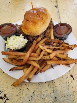 Chopped brisket sandwich, slaw & fries