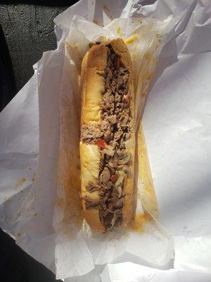 Cheese steak w/ onions, peppers, mushrooms, and whiz