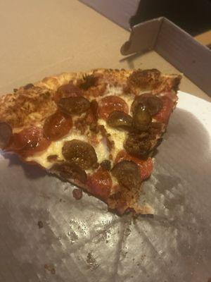 Pepperoni, sausage and bacon pizza (what's left of it anyway)