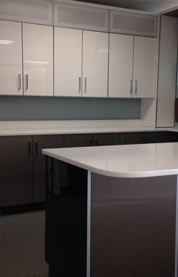 Modern gloss white cabinets with white quartz countertop