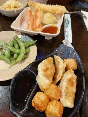 Edamame, gyoza, shrimp tempura, fried zucchini, fried crabmeat.