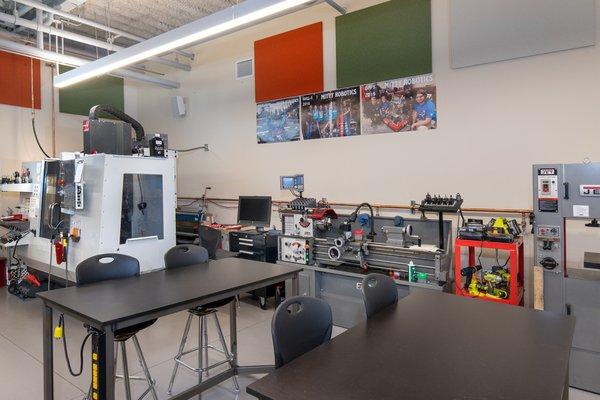 The school's state-of-the-art robotics space includes a CNC mill students can use to create their robot.