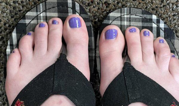 My pedicure today. Regular polish. I never get the same color twice and it'll last until the next time.