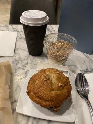 Banana nut muffin, yogurt parfait, large coffee