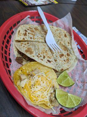 Quesadilla and chicken taco