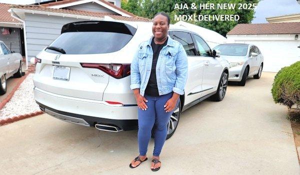 We found Aja a great deal on a new 2025 Acura MDX Tech FWD SUV, in Platinum White Pearl! Exactly how she wanted it.. No dealer hassles/ fees