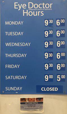 hours differ from Walmart vision Center. Walk in acceptable non busy times, next day appointments can be scheduled for convenience