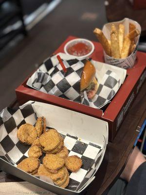 Fried pickles, cheeseburger and fries