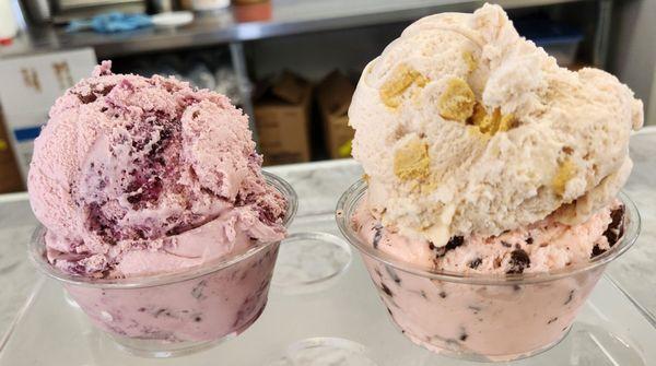 Left is Paradise Blueberry Waffle Cone. Right is Carrot Cake over Traverse City Cherry Amaretto