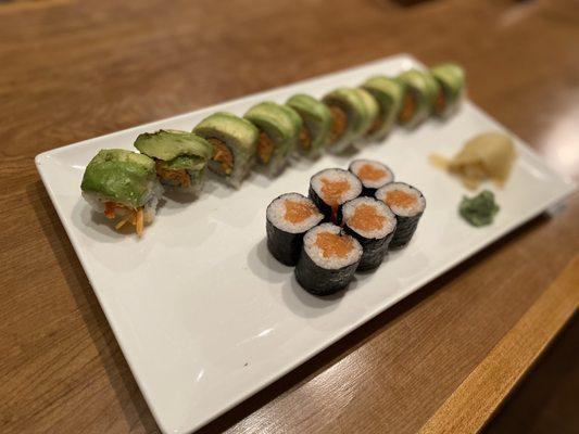 Avocado Kani roll and salmon at Yuzu.