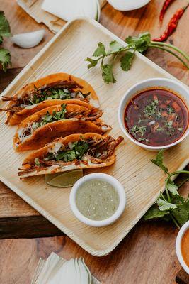 Savor the rich, savory goodness of our Birria Tacos! Slow-cooked, tender beef, melted cheese, and a hint of spice, all in one bite.