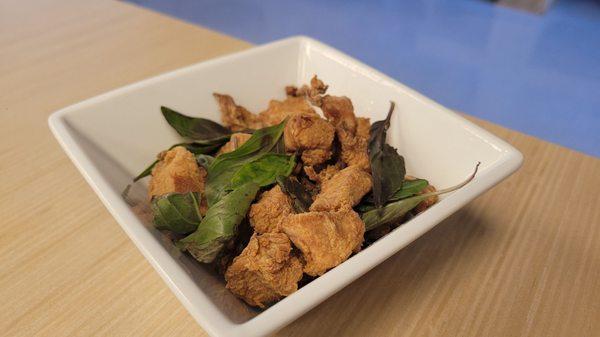 Popcorn chicken - a kid pleaser. Thai basil nice touch.