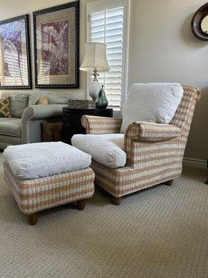 Reupholstered chair and ottoman cushions.  Beautiful workmanship.