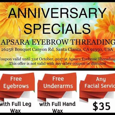 Anniversary Specials at Apsara Eyebrow Threading.       No appointment necessary !   Just walk in ! Or Call 661-505