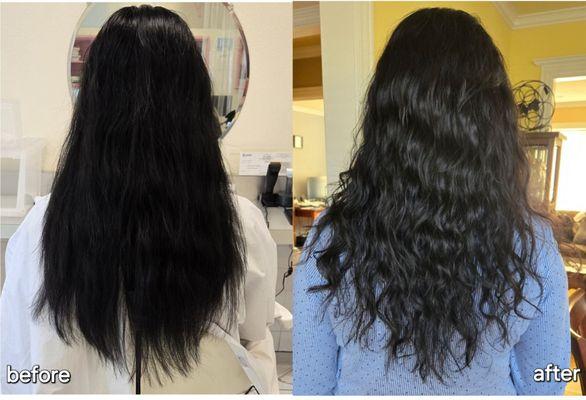 Before perm with cut, after digi perm and fully dried. 8 hr difference on day 1 of perm