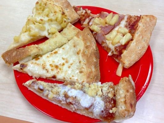 Mac and Cheese Pizza, Pineapple and Ham, Garlic (or maybe white pizza?), Garlic Bread Stick, and Apple Dessert Pizza.