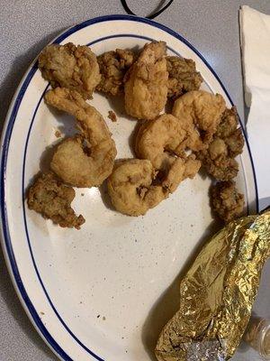 Jumbo Shrimp and Oyster Combo with baked sweet potato.