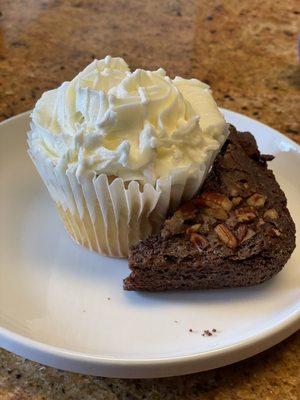 Cupcake and 1/2 brownie. Shared the other 1/2 brownie with someone.