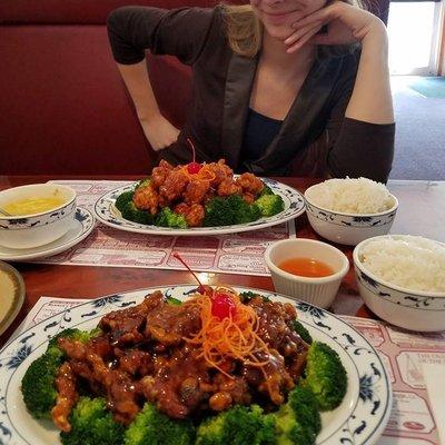 General Tso's chicken, orange chicken, and egg drop soup.