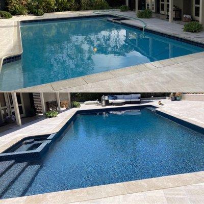 Before (top) and after photo (bottom) showing next Bahamas Jewel Pebble finish, new tile and travertine coping.