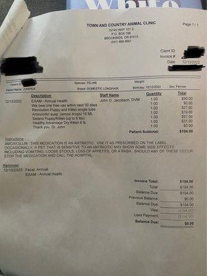 Vet Bill with proof of Illness.