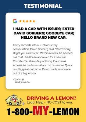 PA Lemon Law client gets new car settlement in 1 week.