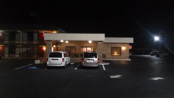 Front view of hotel lobby. Night time