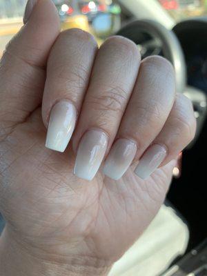 Annie's coffen shaped nails color nude to white :)