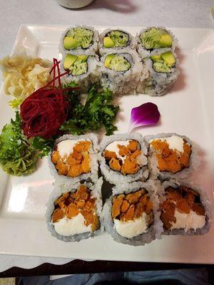 Avocado cucumber roll, sweet potato roll with added cream cheese