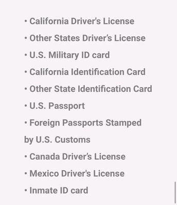 Valid acceptable forms of ID