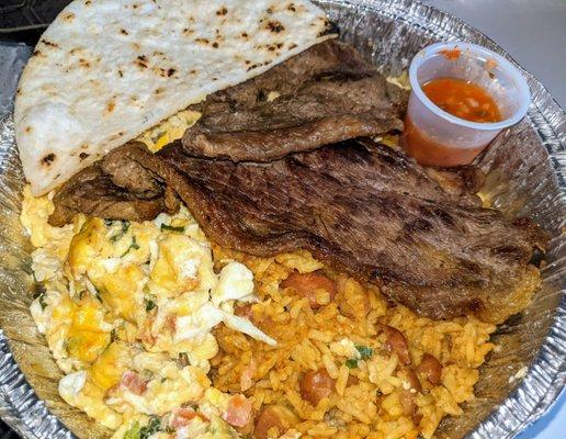 "Breakfast" Meal #5 - (grilled steak with rice & beans, scrambled eggs and flour arepa) $10. Large, tasty, fantastic meal!