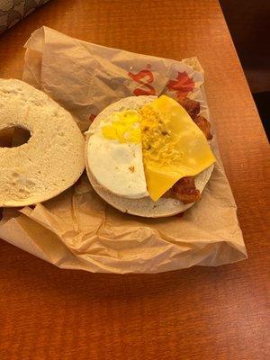 Got a bacon egg and cheese bagel! Only came with 30% of an egg.