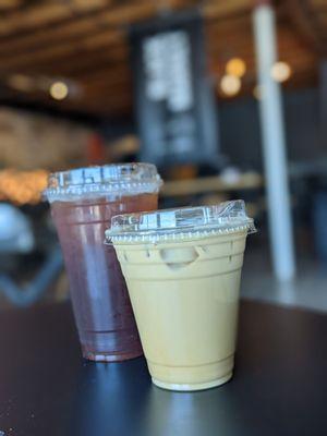 Small iced vanilla latte (front) and large cold brew (rear)