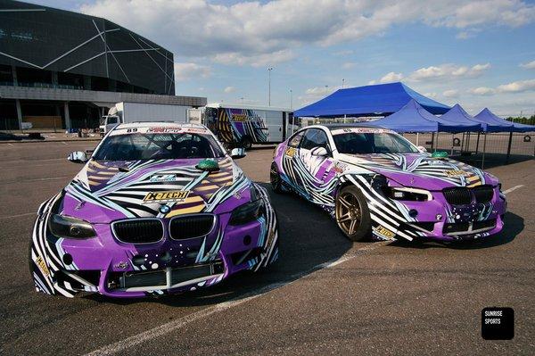 Side by side Drift Special BMWs with fully custom Sunrise Sports livery.
 We offer Clear Bra, Vinyl Wrap, Ceramic Coating