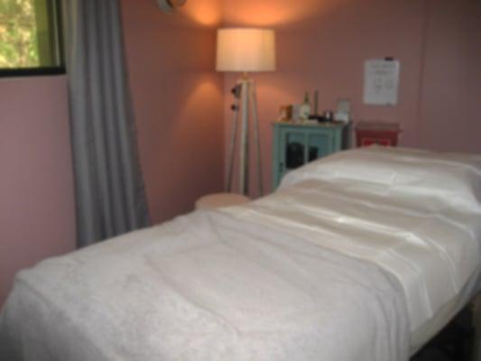 The treatment room at Kristin Lundeen Acupuncture  is a soft pink with a woodsy window view.