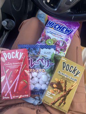 Pocky sticks, blueberry marshmallows, hi chew.