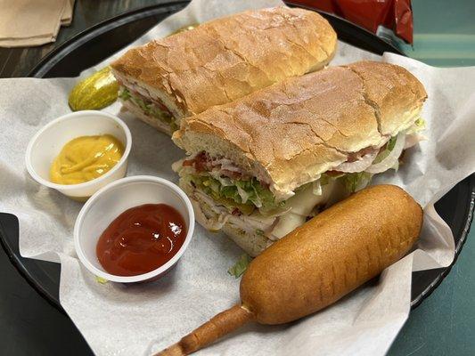 Turkey Club- delicious.  I hadn't eaten in 15 hours and very hungry so had added the corn dog too lol.