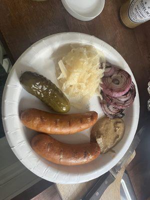 Bavarian brat, sauerkraut, hot Bavarian mustard, garlic pickle.