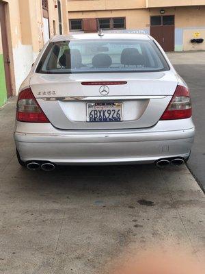 Quad tips of the AMG E63 exhaust that was installed.