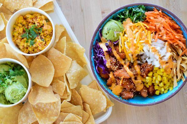 Korean Esquites and Housemade Guacamole with a Create your Own bowl with K'Pop Chicken