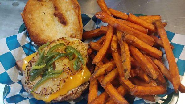 Out Hawaiian burger with sweet potato fries.