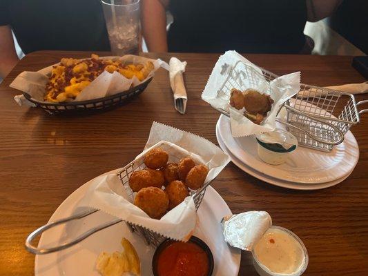 Fried pickles, fried mushrooms and bacon cheese fries are our appetizer. Gave us a sample of pierogies- delicious. Great food!