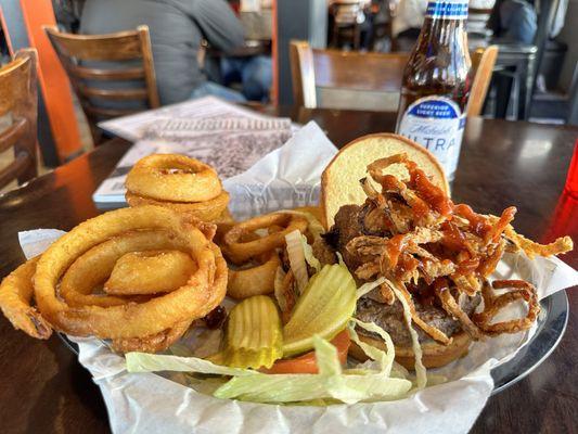 Hamburger topped with brisket and fried onions. Amazing onion rings!