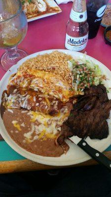 Tour of Mexico plate. Had some fresh beans, rice, mole enchilada, Chile Relleno, and a steak. Was pretty good.