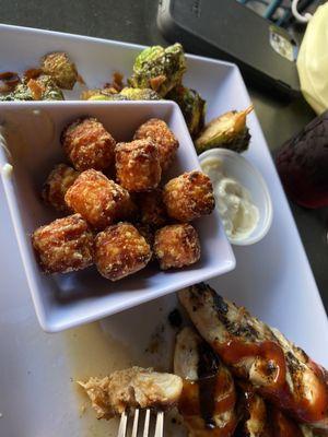 Three chicks, yum!  Sweet potato puffs with roasted sprouts.  Filling flavorful and fun.