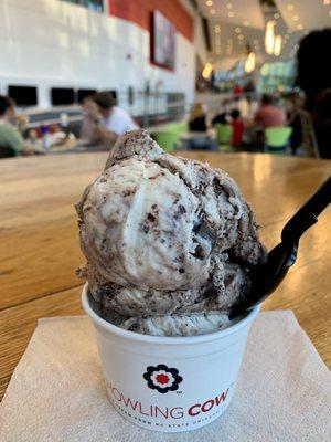 Double scoop of wolf tracks ice cream in a cup