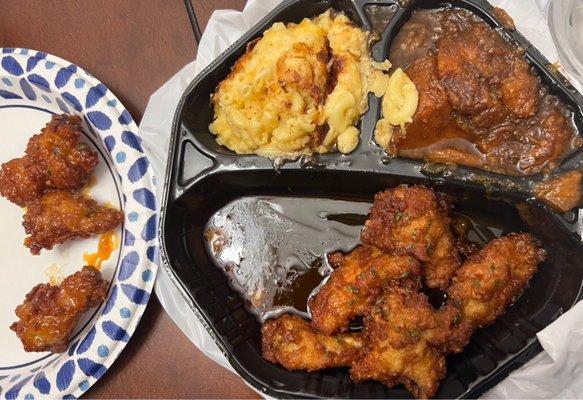 Hennessy wings with Mac and cheese and candied yams