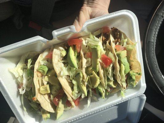 Tacos with chorizo, beans, cheese, lettuce, tomato, and avocado---delish!!