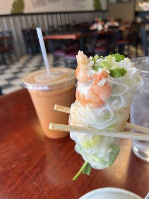 Almost forgot to take a pic until it's half eaten - Thai iced tea, shrimp & pork roll Goi Cuon Thit Tom (Shrimp & Pork Spring Roll) (2).